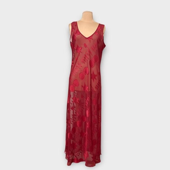 Vintage Victoria’s Secret Gold Label Dress L Red Sheer Stars Mesh Lace V Neck - Picture 1 of 6